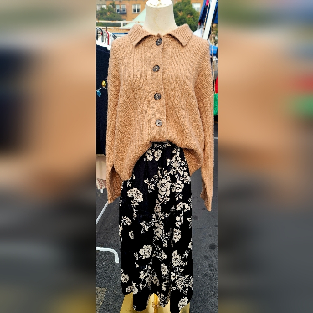 Floral Black and White Skirt With Brown Button up sweater